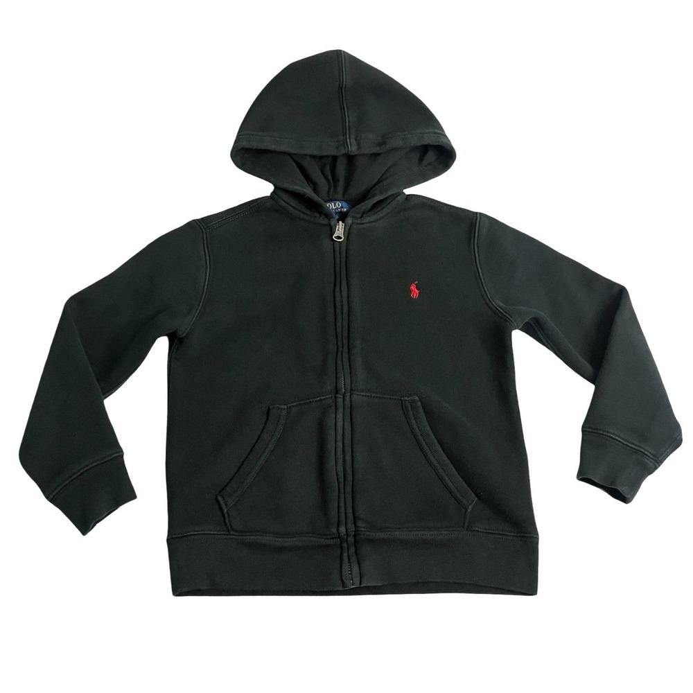Polo Ralph Lauren Hoodie Sweatshirt Boys 6 Black Zip Red Pony Logo Cotton Blend